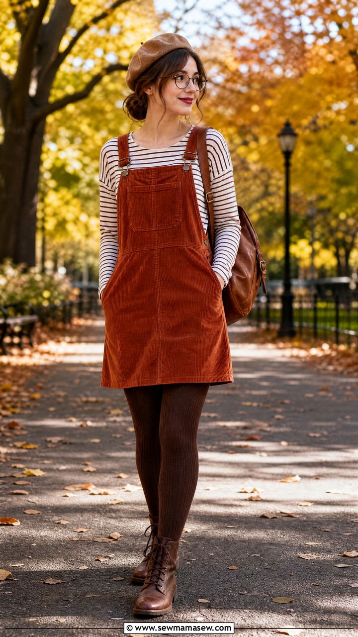 Striped Top and Corduroy Overall Dress - 25 librarian core outfits inspo