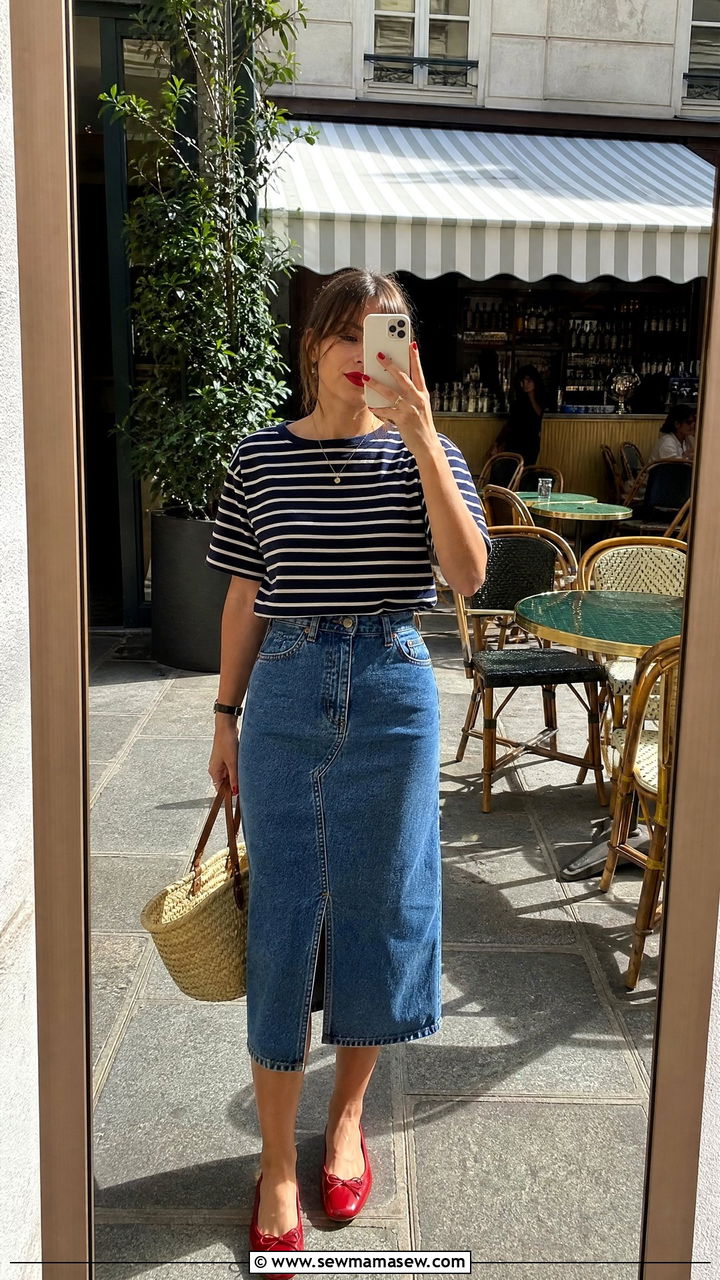 Striped Top and Denim Skirt French Date - 25 French girl outfit ideas for a date out