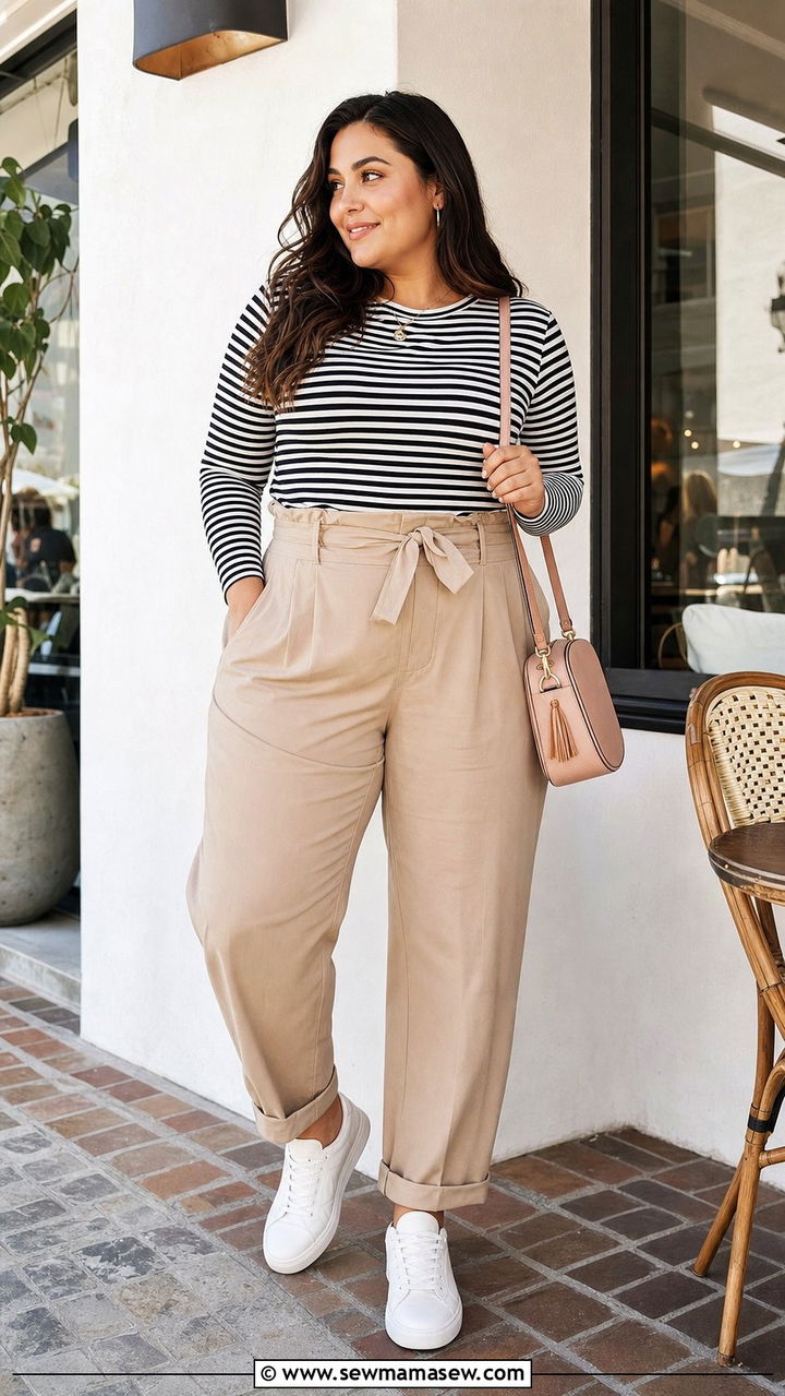 Striped Top and Paperbag Trousers - 35 Brunch outfits for plus size
