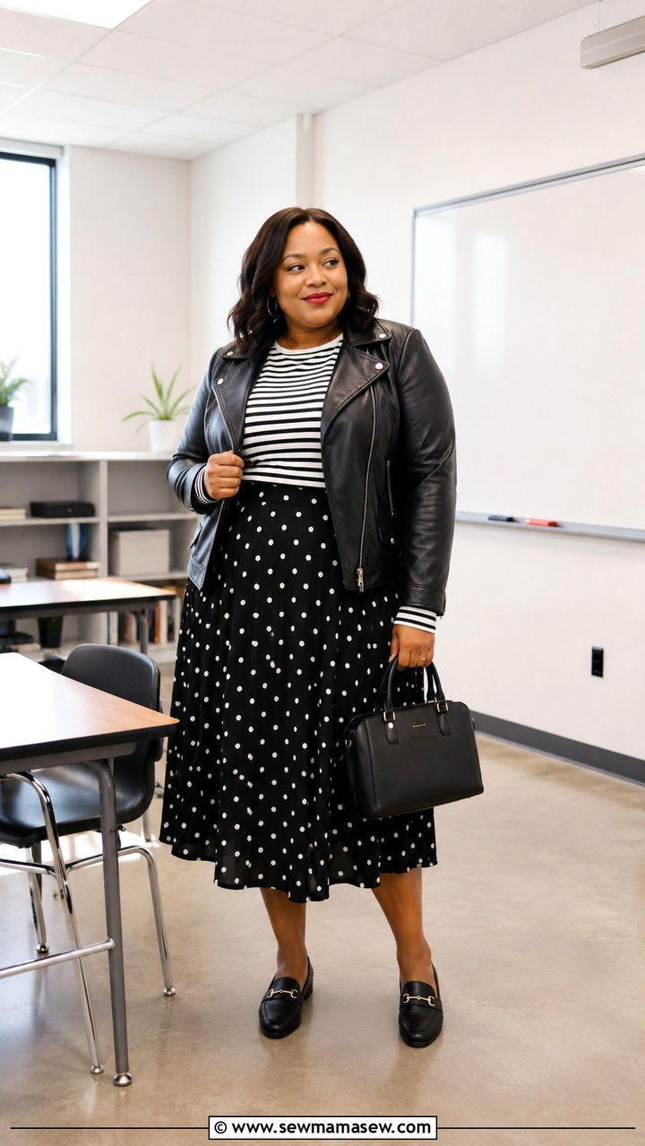 Striped Top and Polka Dot Skirt Teacher Outfit - 30 Teacher outfits plus size