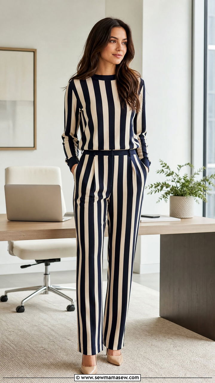 Striped Top and Tailored Trousers - 25 Matching set outfit ideas modest