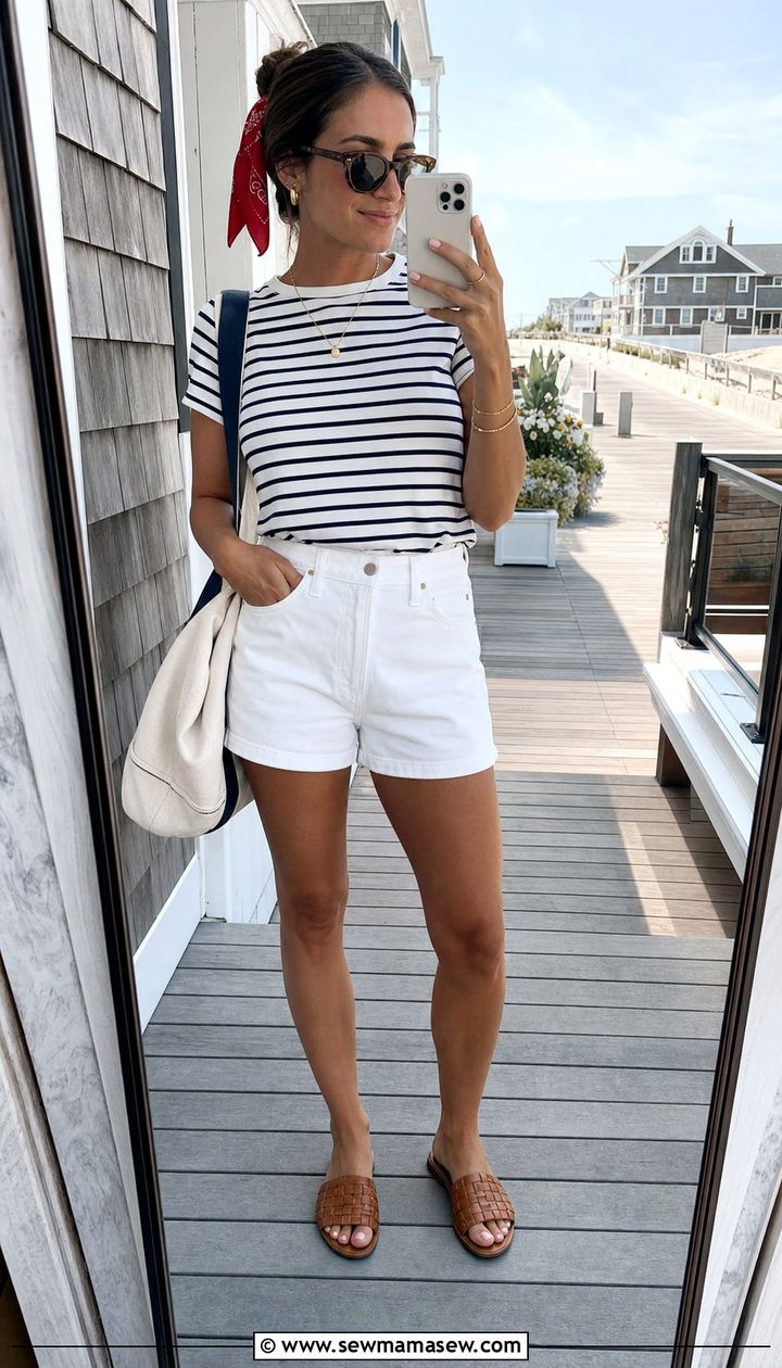 Striped Top and White Denim Shorts Outfit - 25 summer outfit ideas trends