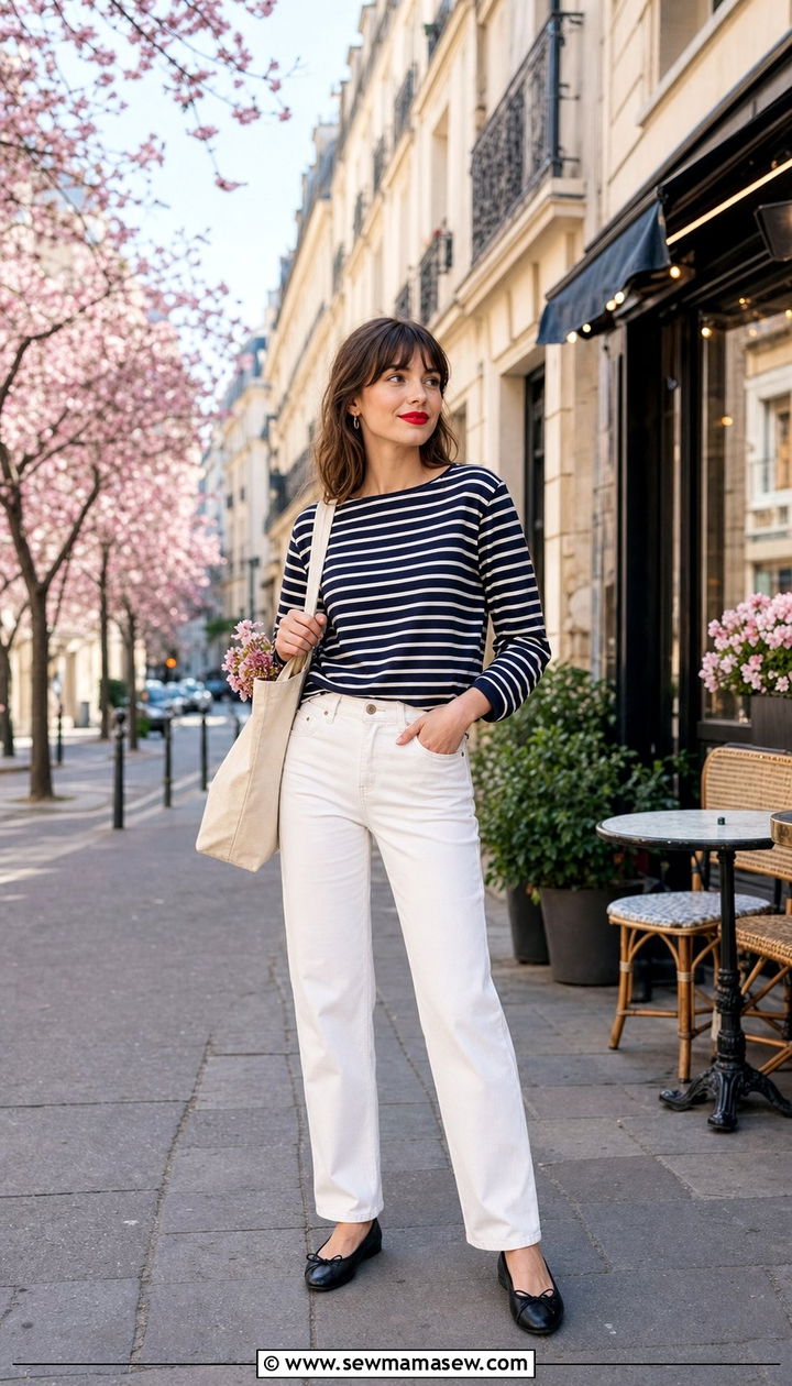 Striped Top and White Jeans with Ballet Flats - 25 Spring outfits with ballet flats