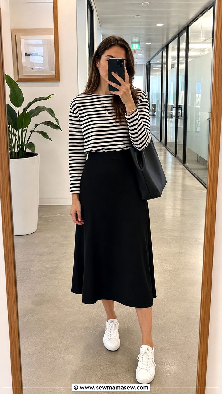 Striped Top with Black Midi Skirt Outfit - 30 Midi skirt outfit ideas for work