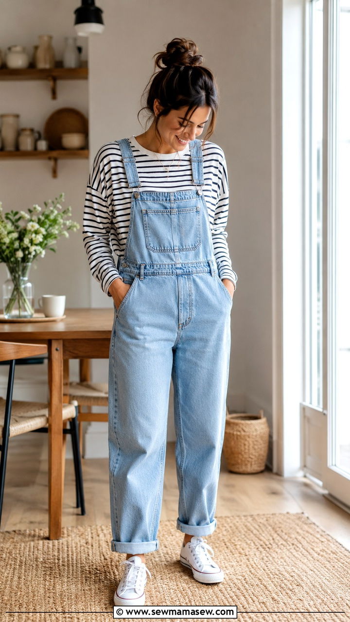 Striped Top with Denim Overalls - 20 Relaxed spring outfit ideas 2026