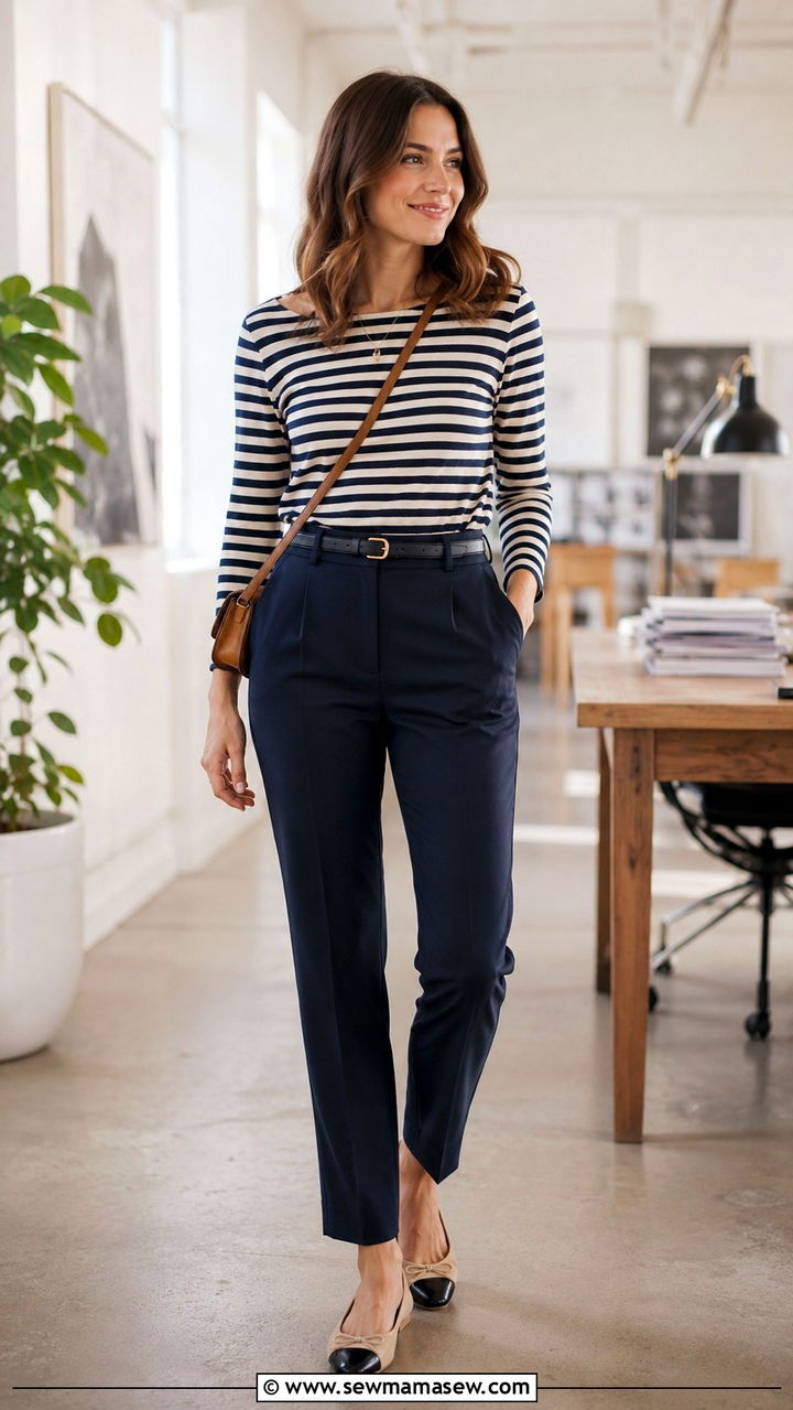 Striped Top with Navy Trousers Tuesday Work - 25 Work outfit ideas for Tuesday