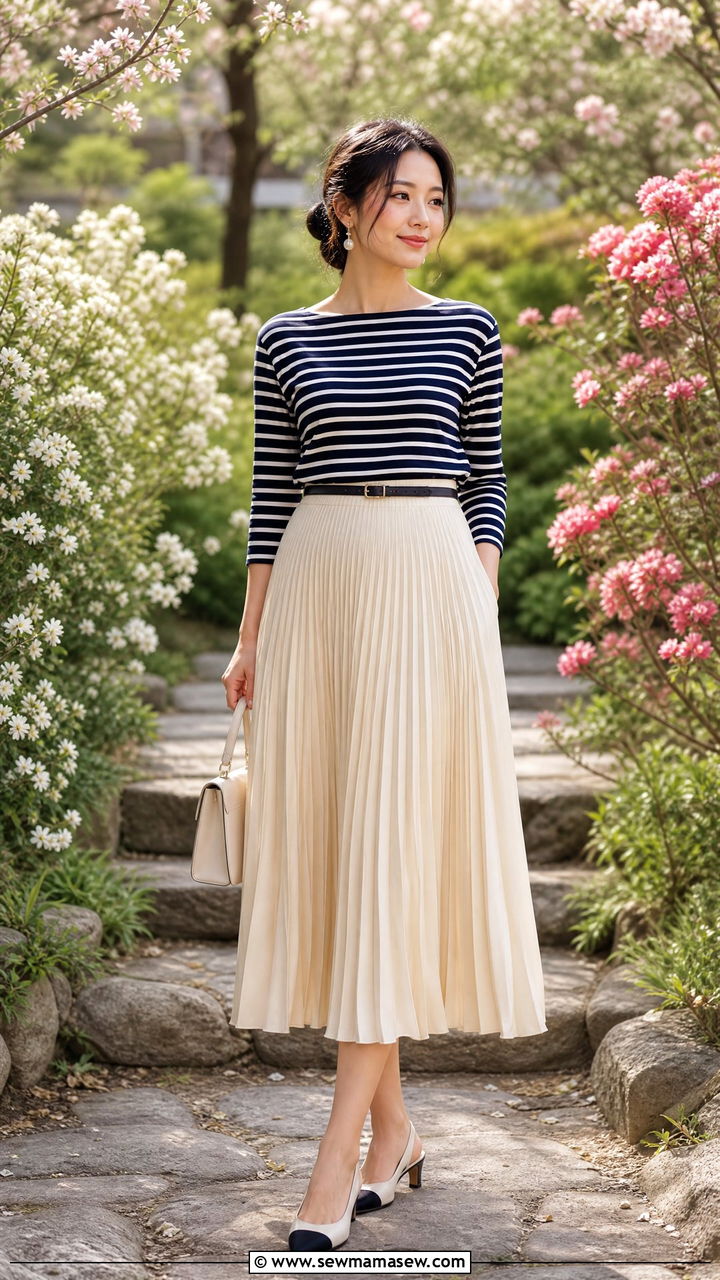 Striped Top with Pleated Midi Skirt and Slingbacks - 25 French girl outfit ideas with a striped shirt