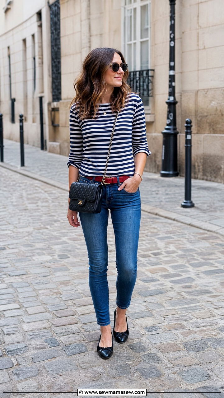 Striped Top with Skinny Jeans and Ballet Flats - 30 Summer outfits with skinny jeans