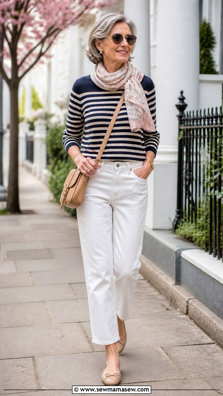 Striped Top with White Jeans Spring Outfit - 40 Spring outfit ideas for women over 60 2026