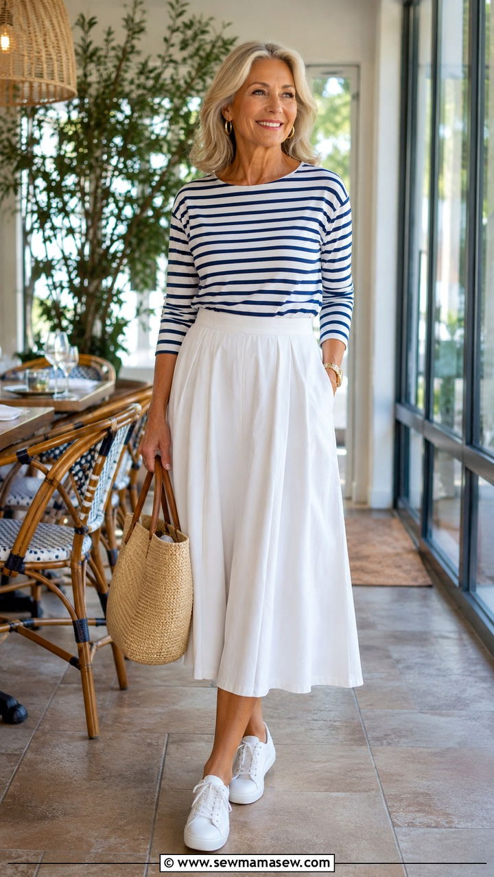 Striped Top with White Midi Skirt - 25 What to wear to brunch over 50