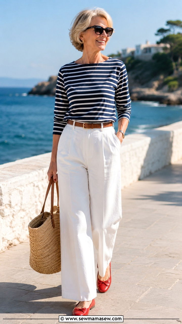 Striped Top with White Wide Leg Pants - 30 Outfit ideas for boomer women