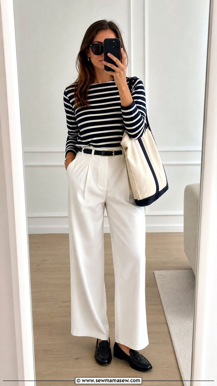 Striped Top with Wide Leg White Pants Outfit - 30 summer old money outfit ideas