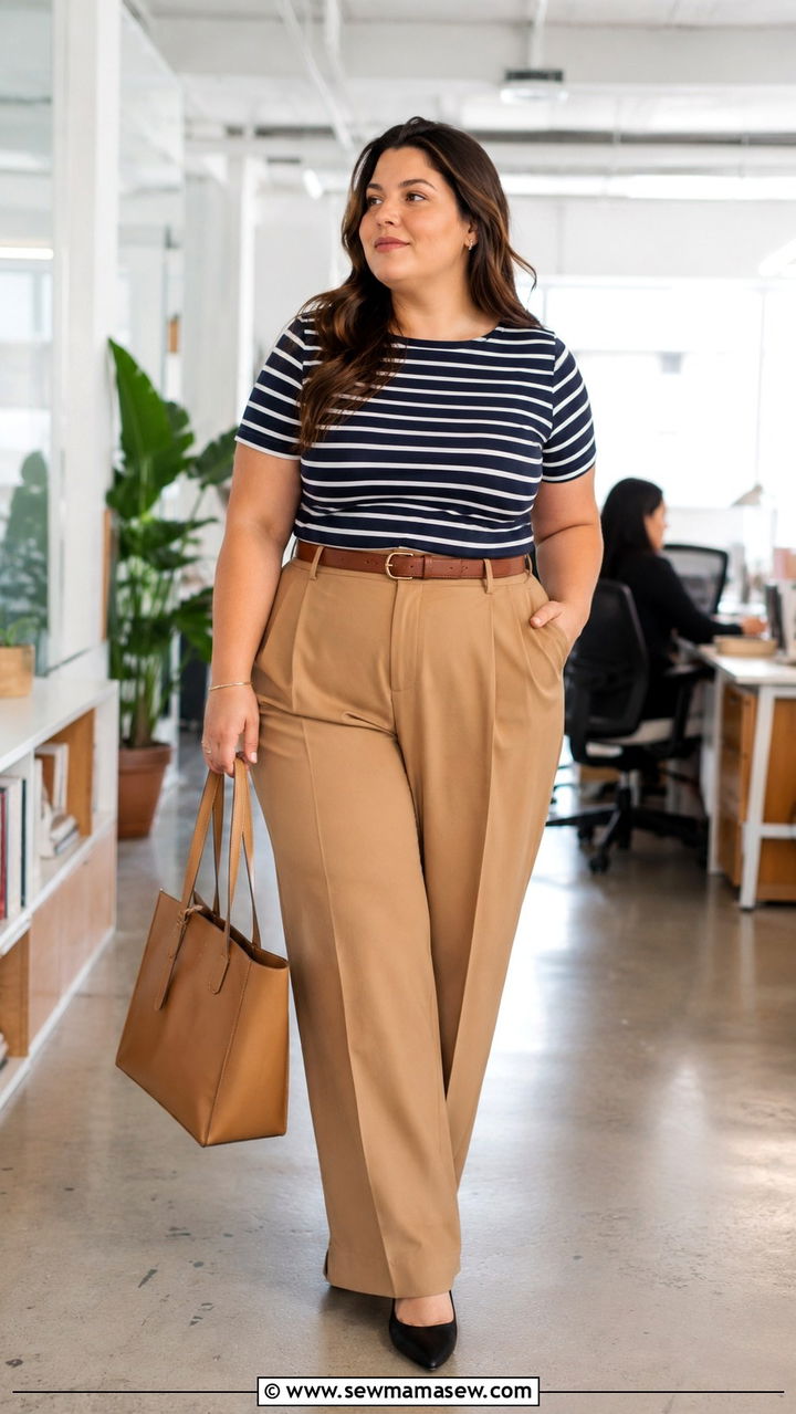 Striped Top with Wide Trousers Outfit - 30 plus size office outfit ideas