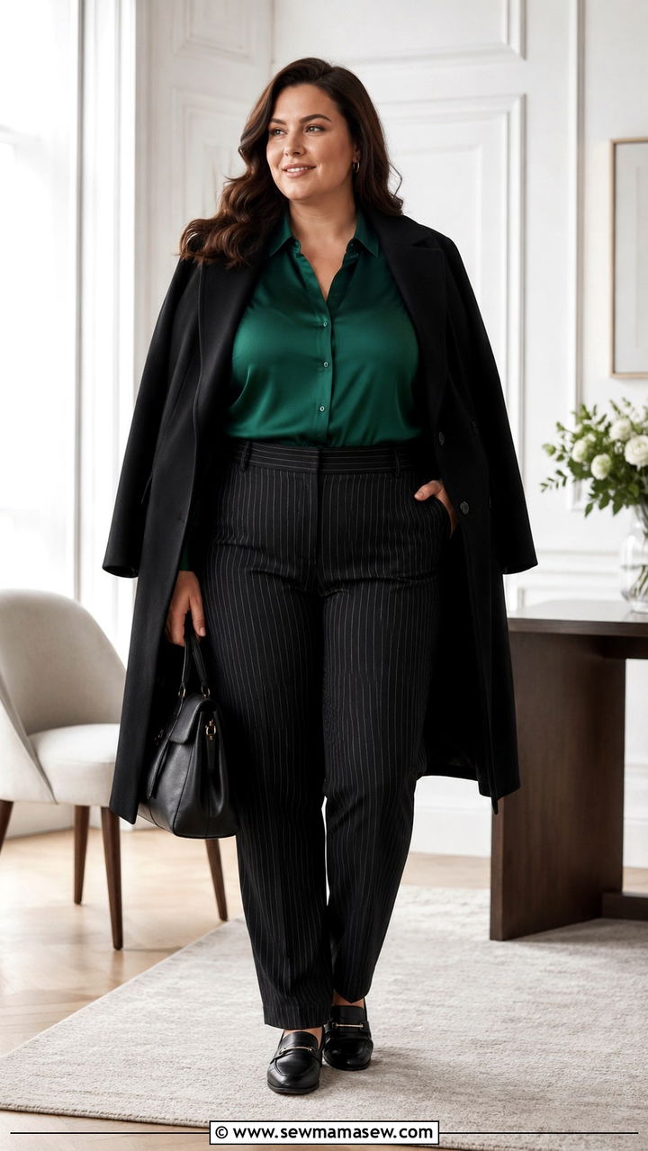 Striped Trousers with Solid Silk Blouse - 30 Office outfit ideas plus size