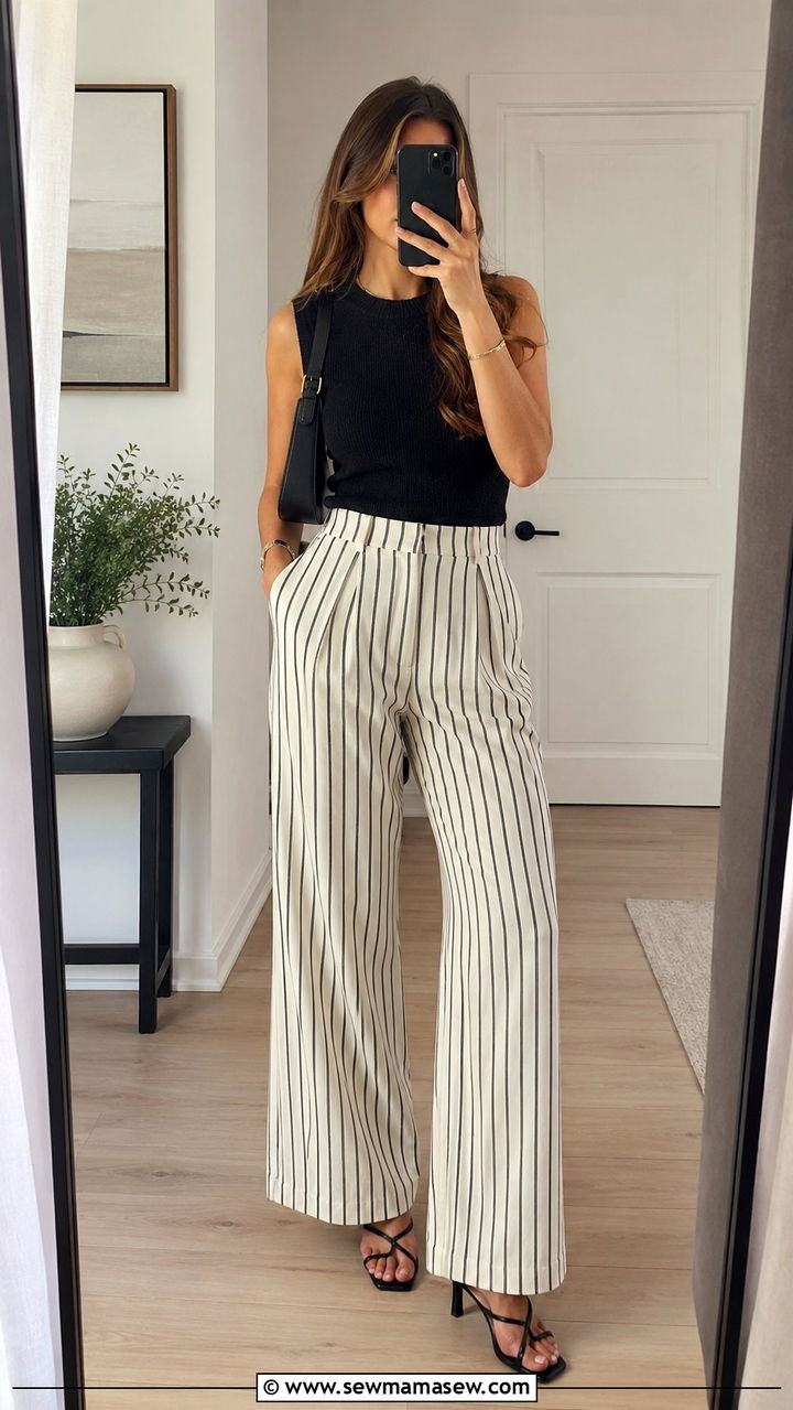 Striped Trousers with Solid Top - 30 chic trousers outfit ideas