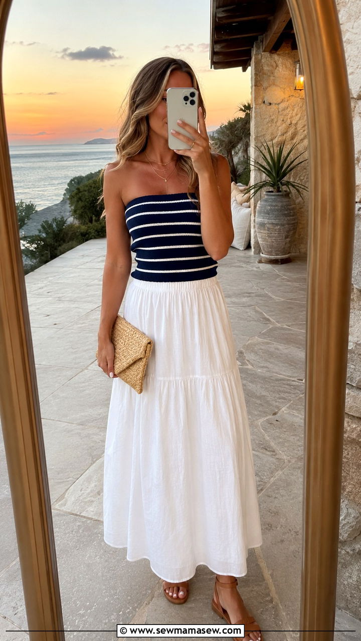 Striped Tube Knit Top With Flowy White Maxi Skirt - 20 Spring coastal grandmother outfits 2026