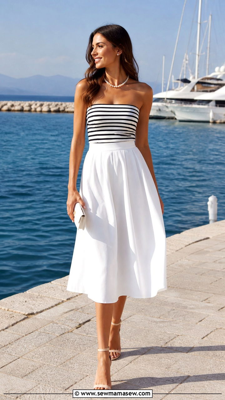 Striped Tube Top and White High Waisted Skirt Outfit - 40 cute summer outfit ideas