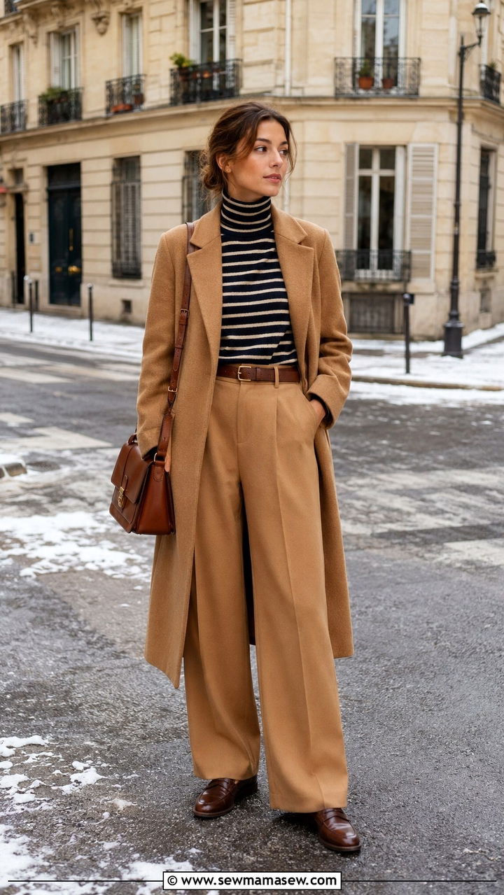 Striped Turtleneck With Camel Trousers - 30 Modest outfit ideas Parisian