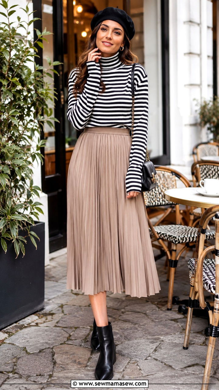 Striped Turtleneck With Pleated Midi Skirt And Ankle Boots Outfit - 30 Indie outfit ideas