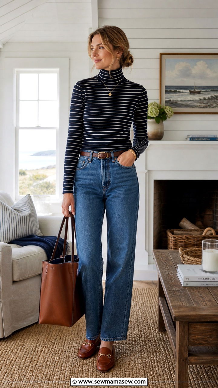 Striped Turtleneck with Relaxed Straight Leg Jeans Outfit - 40 coastal grandmother outfits