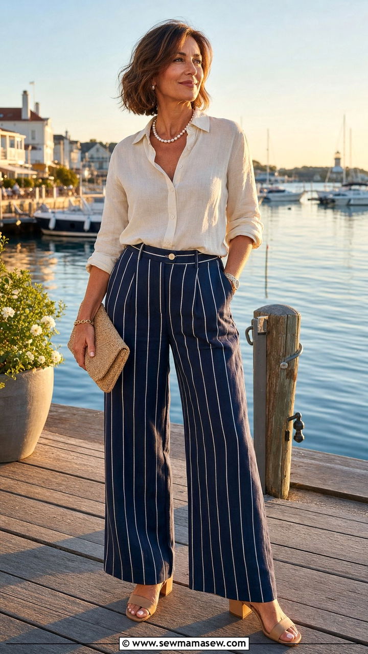 Striped Wide Leg Pants With Linen Shirt And Block Heels - 25 coastal grandmother capsule wardrobe outfits