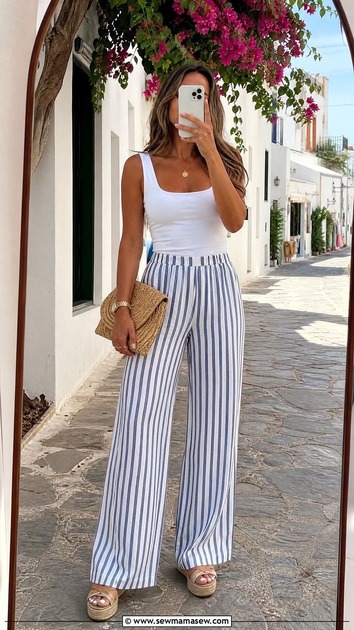 Striped Wide Leg Pants With Solid Tank - 30 summer wide leg pants outfit ideas