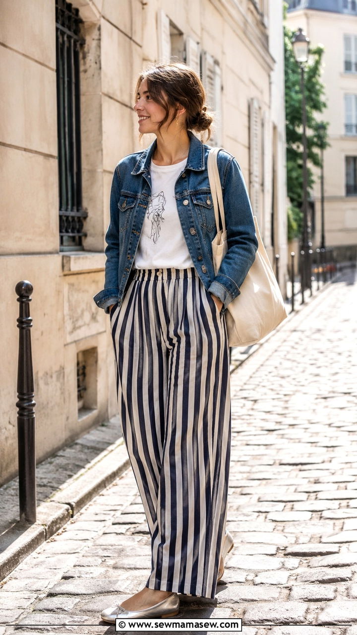 Striped Wide Leg Pants with a Graphic Tee and Ballet Flats - 25 Paris packing list outfits