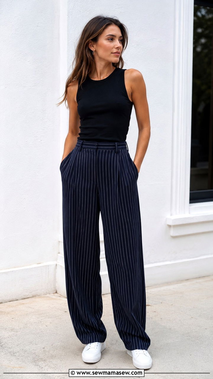 Striped Wide Leg Trousers With Minimalist Sneakers - 25 Wide leg trousers outfit ideas with sneakers