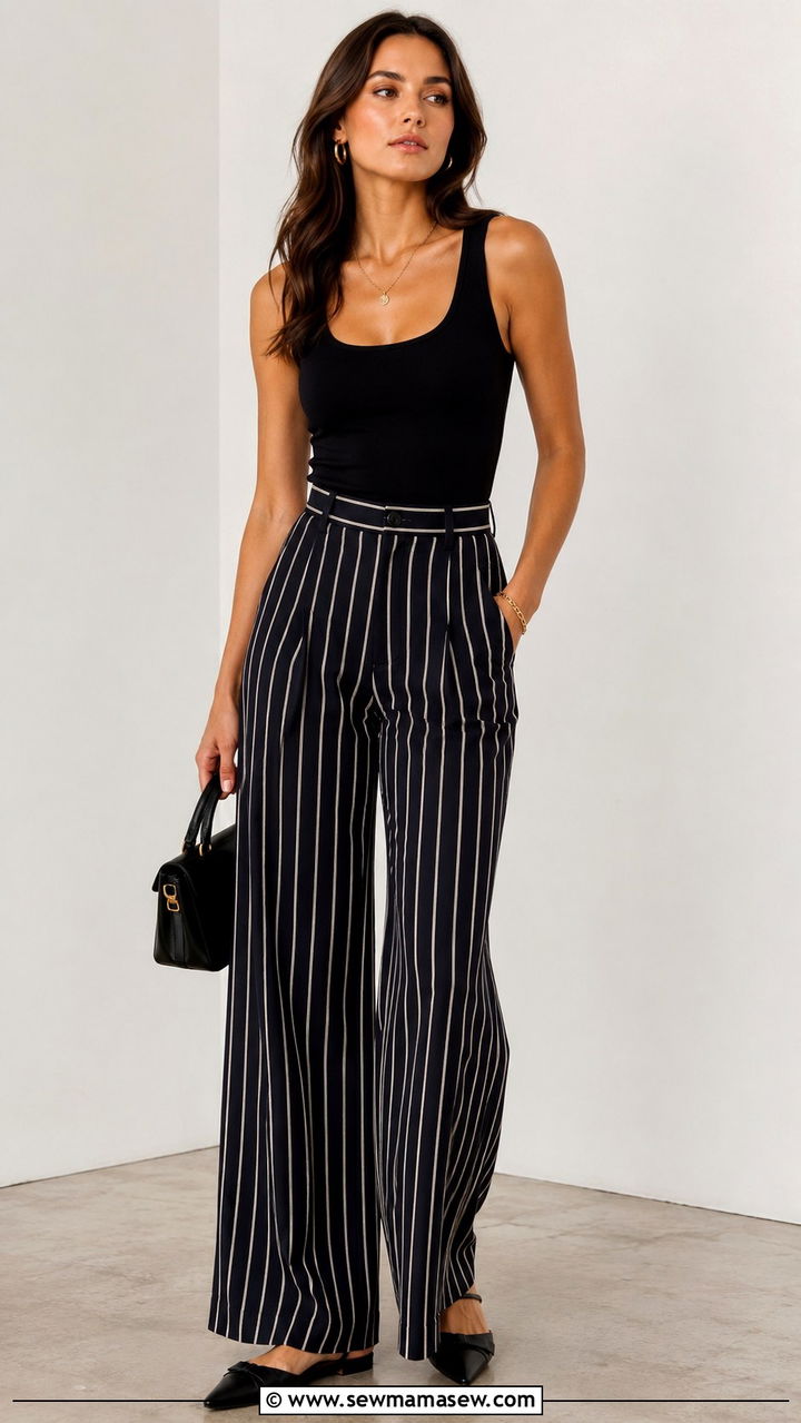 Striped Wide Leg Trousers with a Solid Tank Top - 25 Wide leg trousers outfit ideas with a tank top