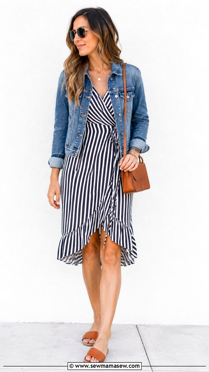 Striped Wrap Dress With Vintage Wash Denim Jacket and Leather Slide Sandals - 25 Wrap dress outfit ideas with a denim jacket