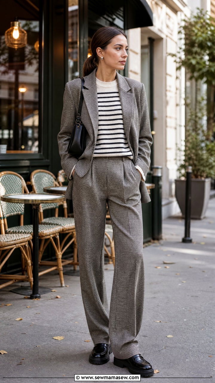 Striped and checkered suit with loafers - 35 Kendall Jenner spring outfit ideas