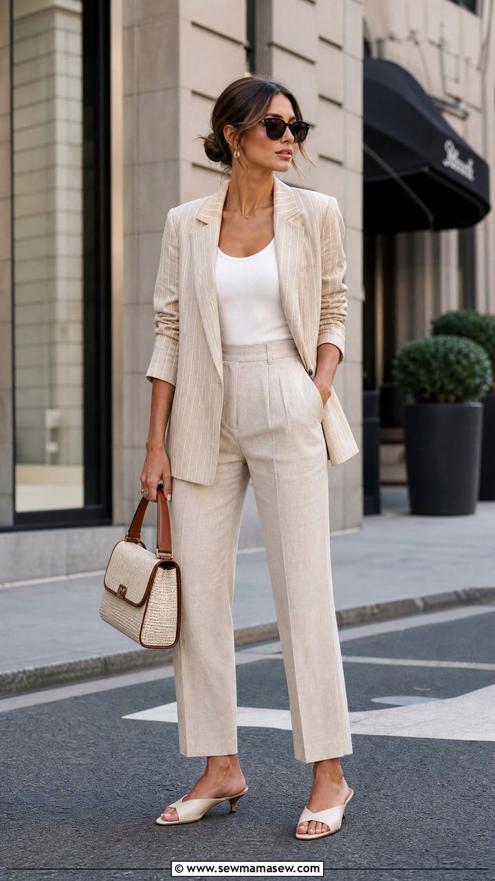 Striped blazer and neutral trousers - 30 summer striped outfit ideas