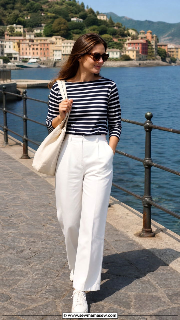 Striped boat neck top with white pants and sneakers - 25 casual Italy outfits