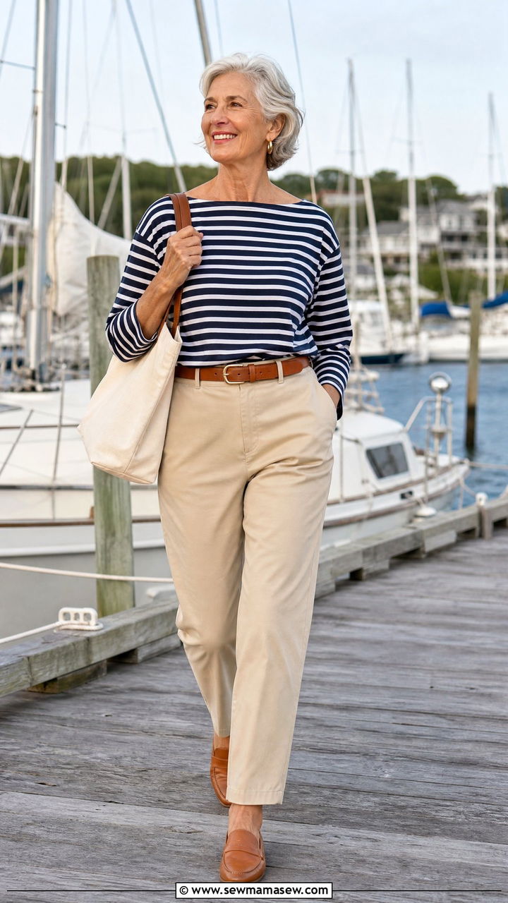 Striped boatneck and khaki trousers outfit - 30 Coastal grandmother outfits for women over 60