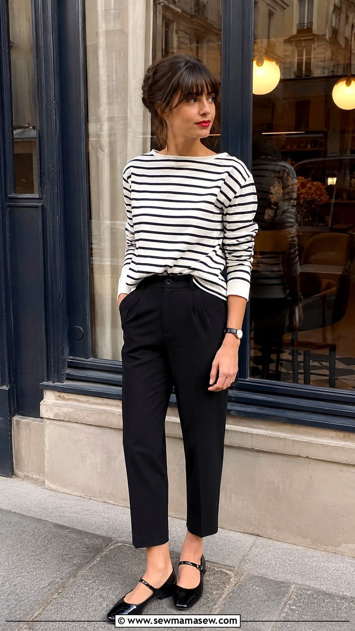 Striped boatneck sweater with black cropped pants - 30 casual french girl outfits