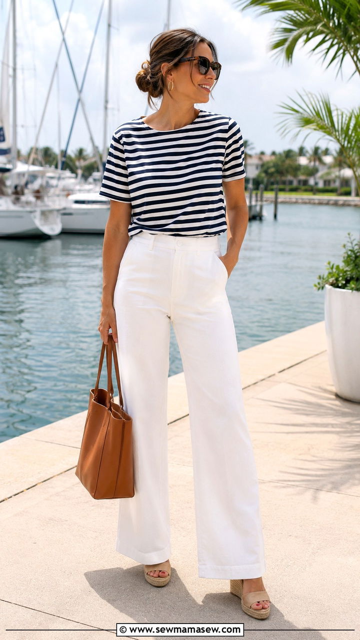 Striped boatneck tee with white wide leg pants and espadrilles - 30 Postpartum outfit ideas summer