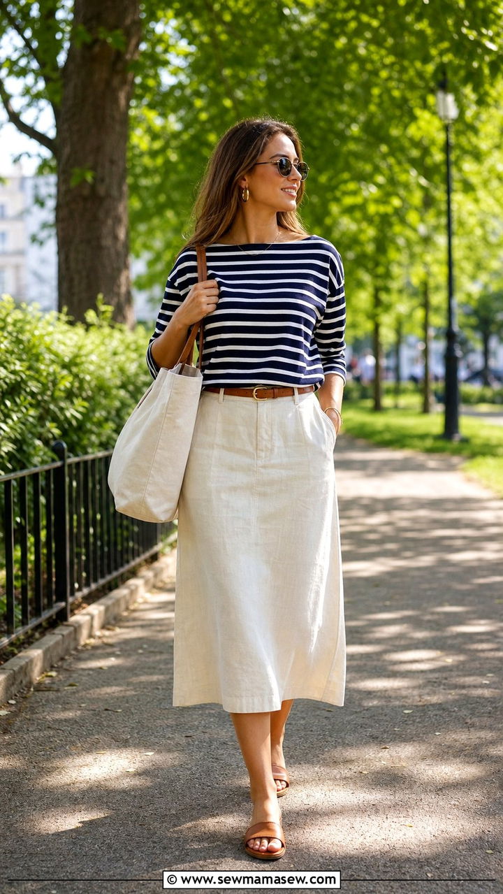 Striped boatneck top and cream linen midi skirt - 25 cute clean girl outfits