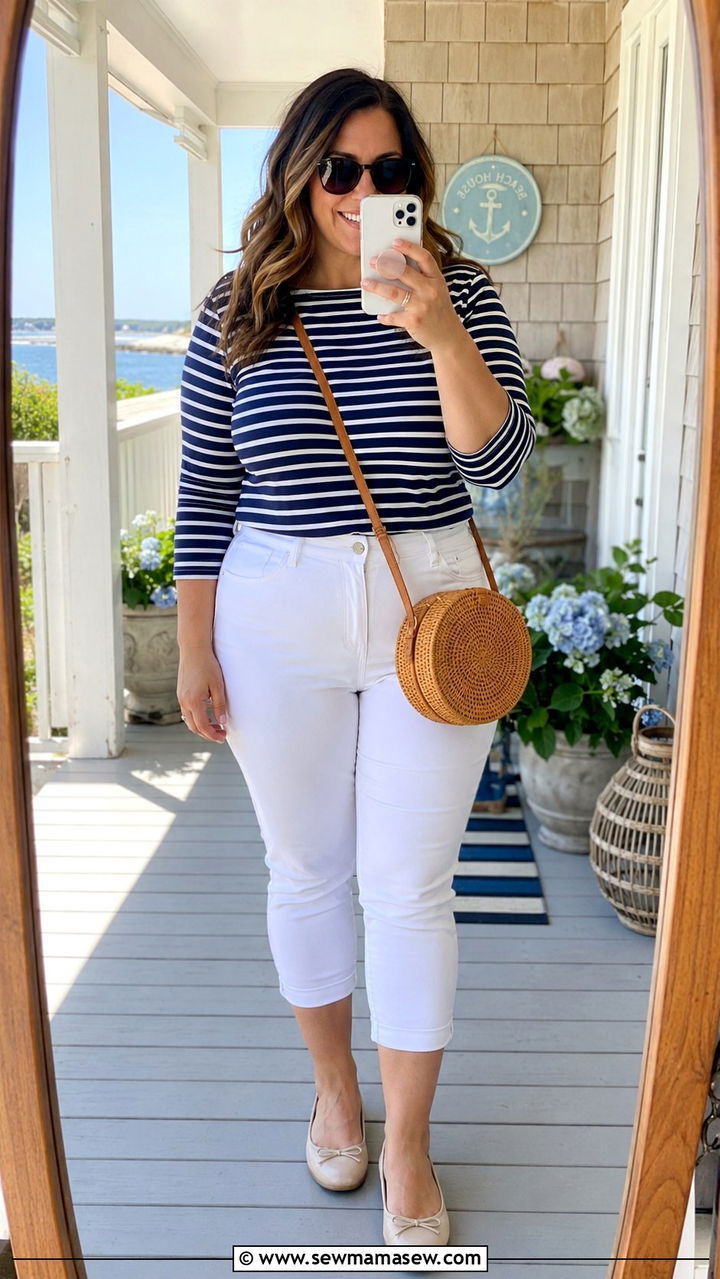 Striped boatneck top and white capris plus size - 20 Coastal grandma outfits plus size