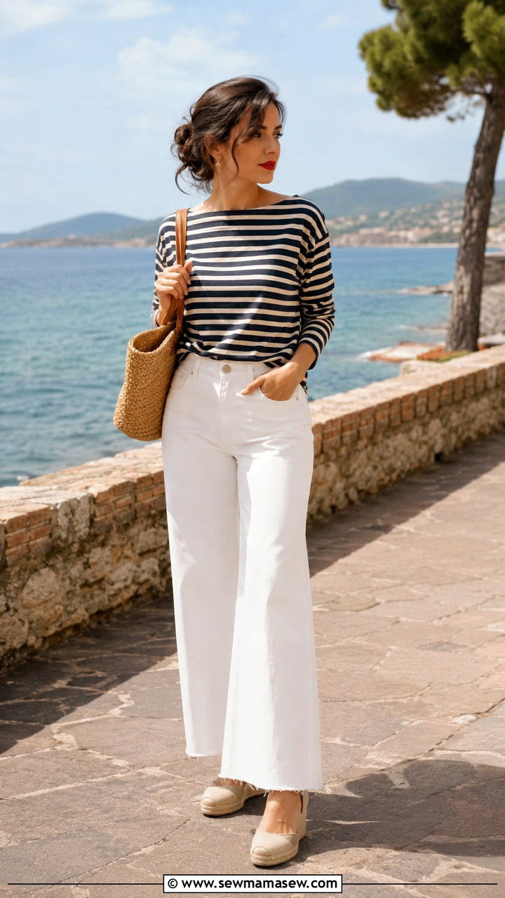 Striped boatneck top and wide leg white jeans outfit - 30 casual Pinterest outfits