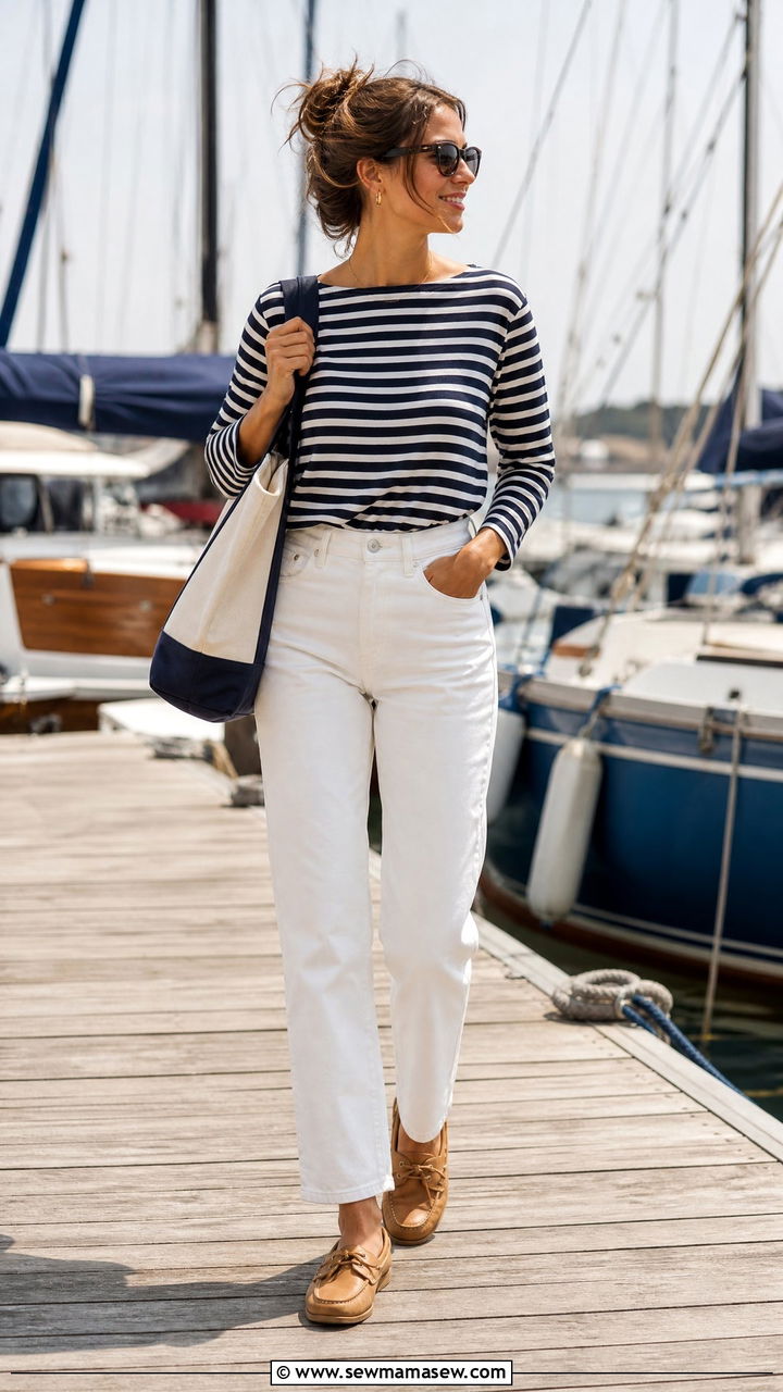Striped boatneck top with white jeans sailing look - 25 Sailboat outfit ideas