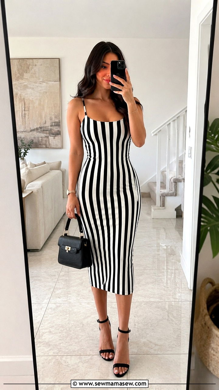 Striped bodycon dress with ankle strap sandals - 30 Bodycon dress outfit ideas with sandals