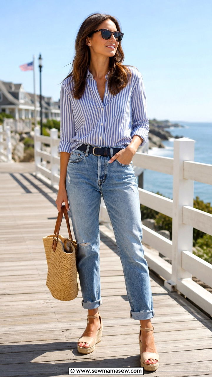 Striped button down and boyfriend jeans outfit - 25 Boyfriend jeans outfit ideas with a button down