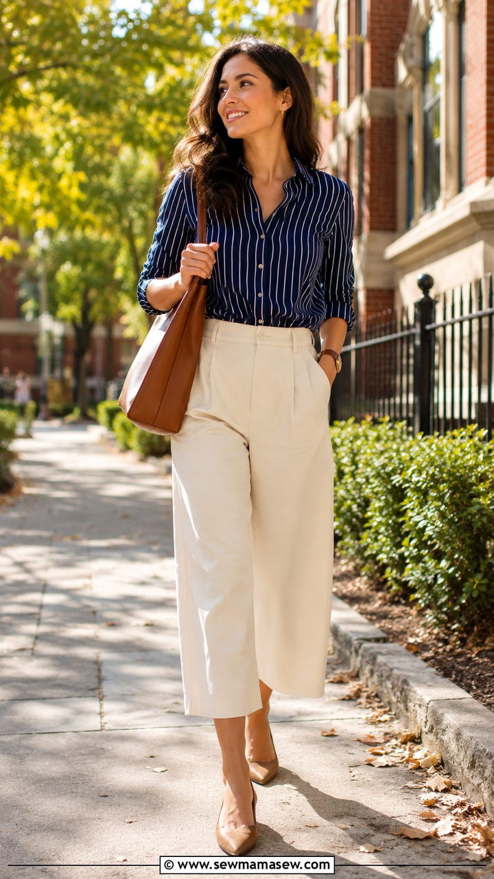Striped button down and cropped wide leg pants - 30 Middle school teacher outfit ideas