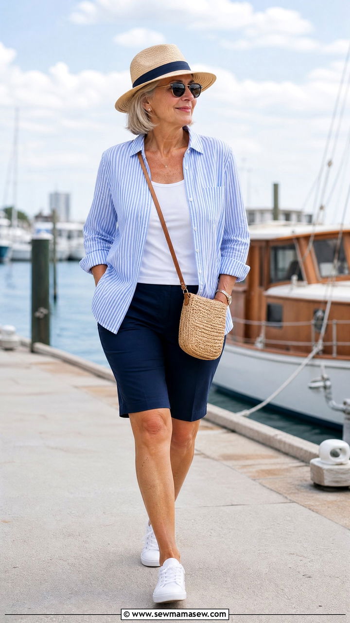 Striped button down and navy shorts outfit - 30 Coastal grandmother outfits for women over 60
