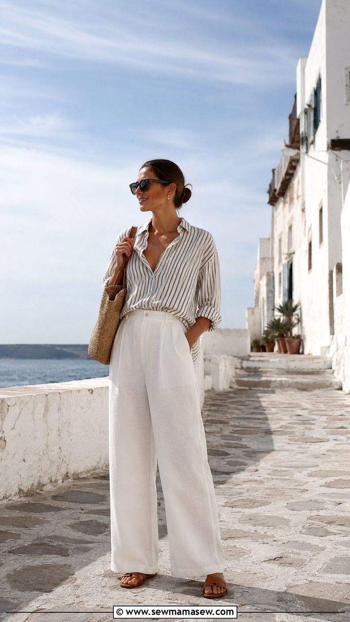 Striped button down and white wide leg pants travel outfit - 30 Minimalist outfit ideas for travel