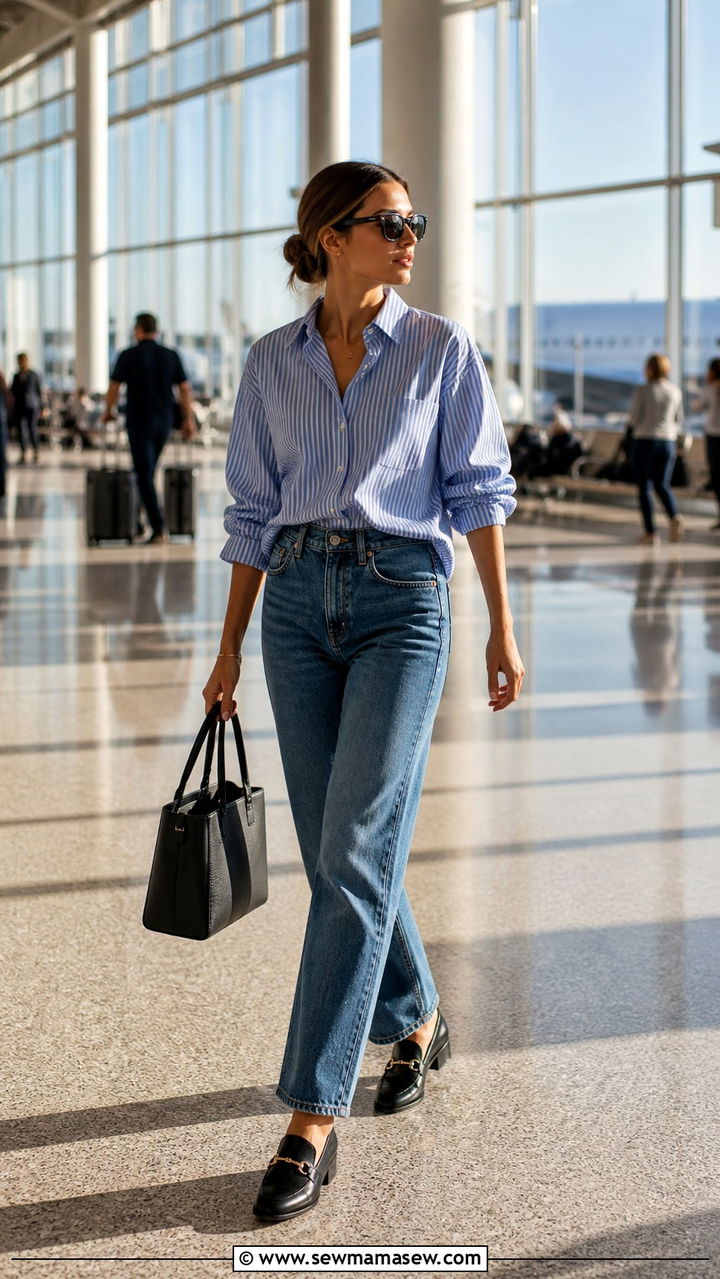 Striped button down shirt with blue jeans and heeled loafers - 40 travel outfits