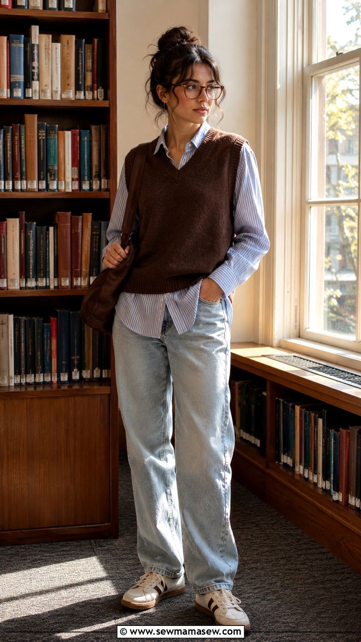 Striped button down under sweater vest with relaxed jeans - 20 Eclectic grandpa outfit ideas 2026