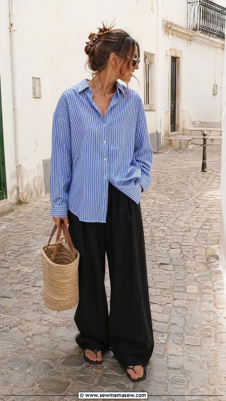 Striped button down with baggy trousers outfit - 35 Copenhagen outfits