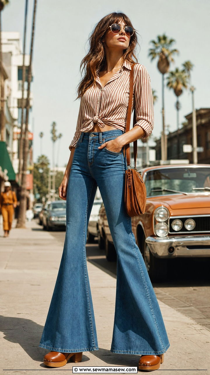 Striped button down with bell bottom jeans outfit - 30 Striped button down outfit ideas