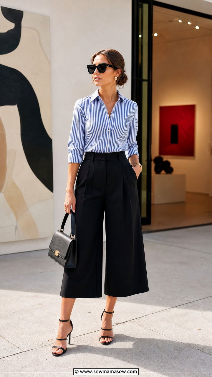 Striped button down with culottes outfit - 30 Striped button down outfit ideas